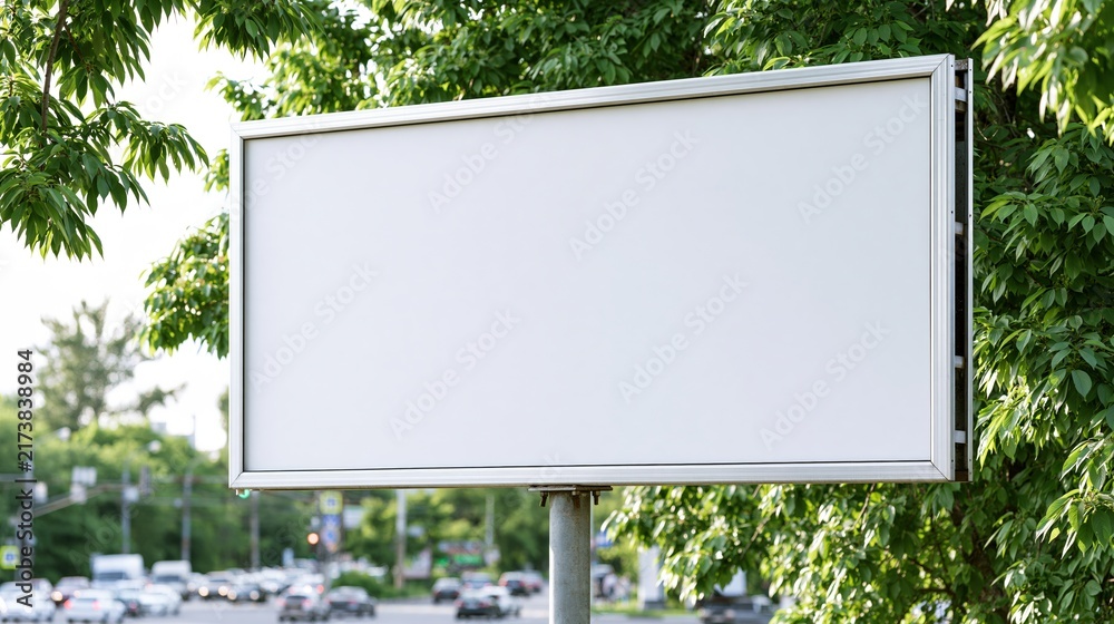 Fototapeta premium Empty white billboard surrounded by green trees near