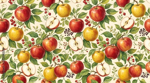 Seamless pattern of red and yellow apples with green leaves and berries, vintage botanical illustration style on a cream background