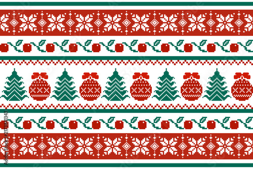 Christmas pixel pattern inspired by traditional knitted motifs with poinsettia flowers, ornaments, and trees in red and green. Design for fabric, clothing, wrapping, and festive decoration.