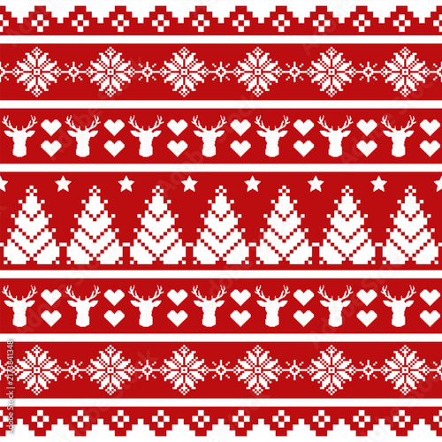 Christmas pixel art seamless pattern with reindeer, hearts, stars, Christmas trees, and snowflakes in red and white tones. Design for holiday fabric, wrapping, Vector illustration knitted style.