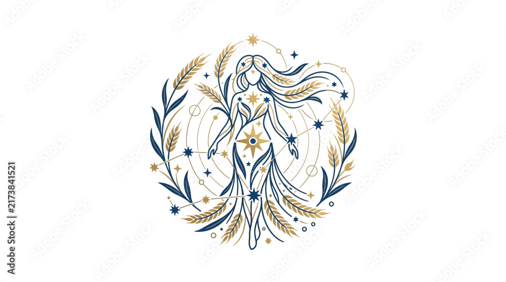Fototapeta premium Virgo Zodiac Sign Illustration with Wheat and Stars