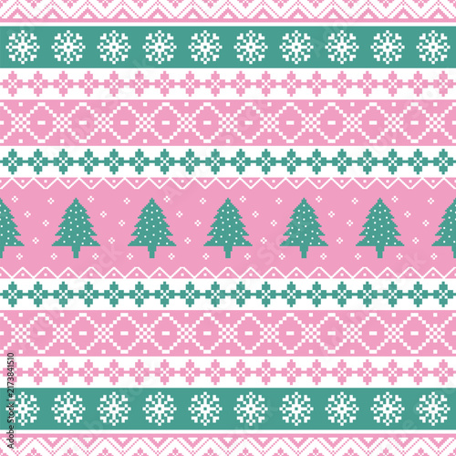 Pastel Christmas knit pattern with trees, snowflakes, and geometric stitches in pink and mint tones. Design for festive fabric, wrapping, and seasonal branding. Vector illustration knitted style.
