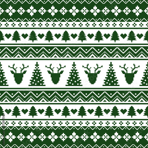 Nordic Christmas pattern with reindeer, trees, hearts, and geometric stitches in green and white tones. Design for festive fabric, wrapping, and seasonal branding. Vector illustration knitted style.