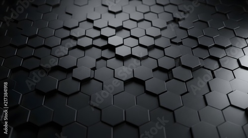 Dark graphite hexagon background with 3D geometric pattern and metallic texture.