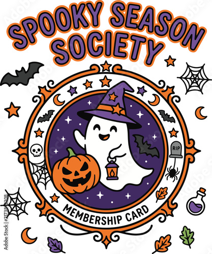 A colorful Halloween badge illustration titled 