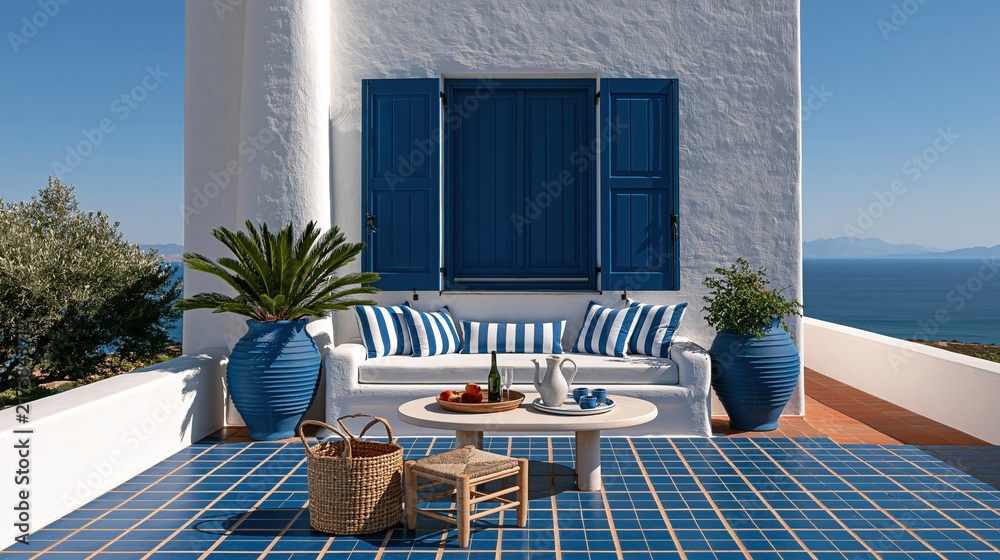 Naklejka premium Blue and white terrace sofa with sea view