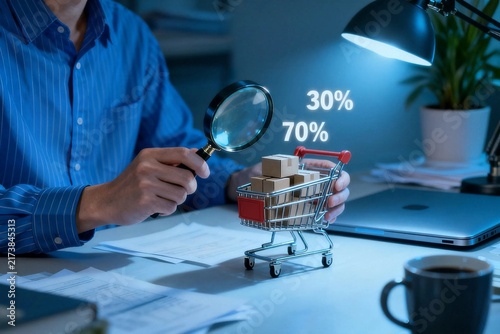 Businessman Analyzing Shopping Cart with Magnifying Glass