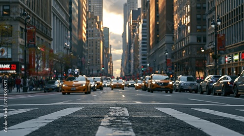 Yellow taxis driving on city street at sunset