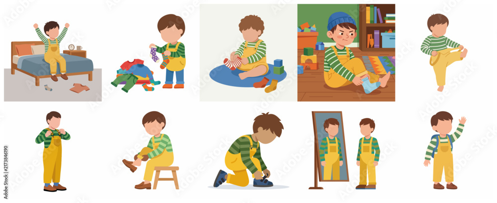 Fototapeta premium Little boy daily morning routine vector illustration set. Kid getting dressed, putting on shoes, and preparing for school independently.