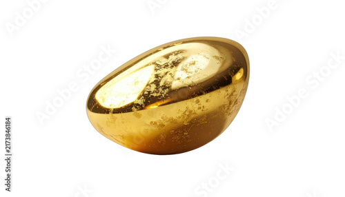 A polished golden egg-shaped object with a textured surface rests against a dark background. isolated on white background.