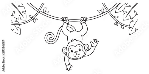 Canvas Print A cute cartoon monkey hanging from a jungle vine illustration for children color