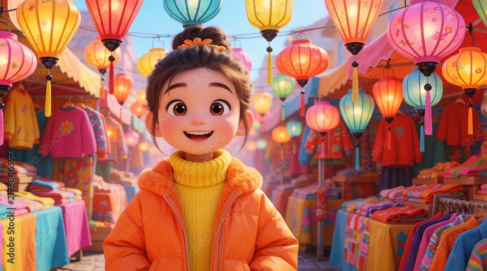Naklejka premium Cute animated girl smiles happily in vibrant Asian market filled with colorful hanging lanterns, clothing stalls. Wears bright orange jacket, yellow sweater, enjoying lively festive atmosphere,