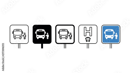 Set of bus stop road sign icons showing public transport transit stations