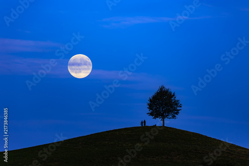 Foto The rising full moon over a drumlin hill with a single tree and two persons sihl