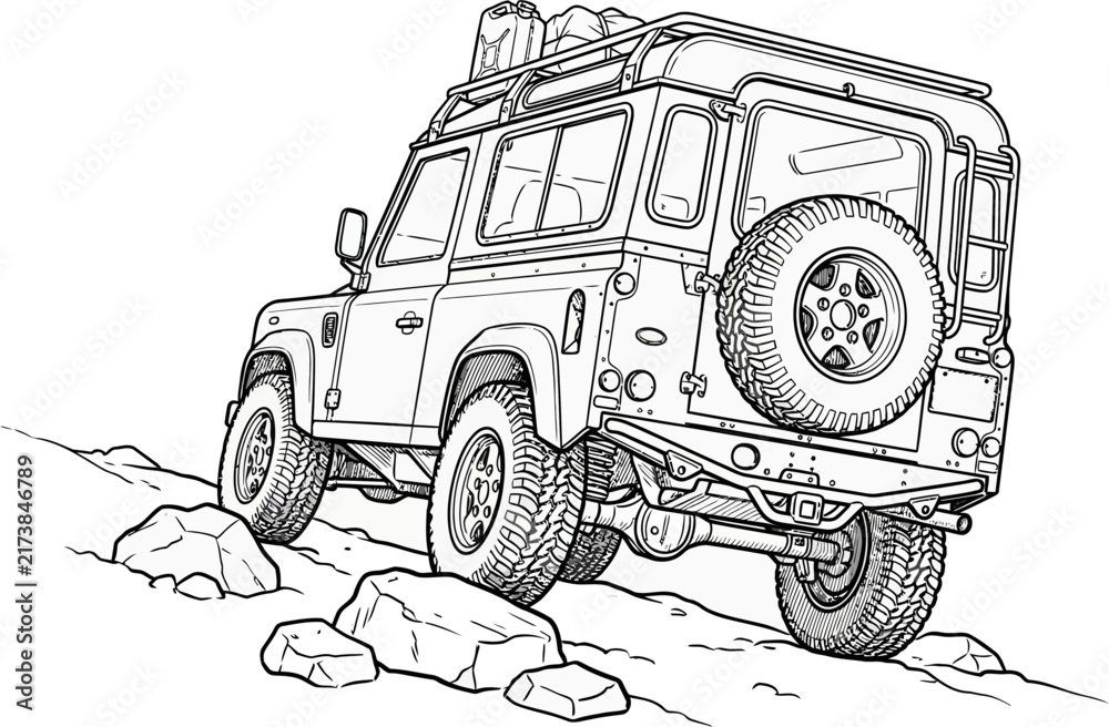 Fototapeta premium Outline Illustration of a Rugged Four Wheel Drive Vehicle Climbing Over Rocky Terrain for Off Road Adventure