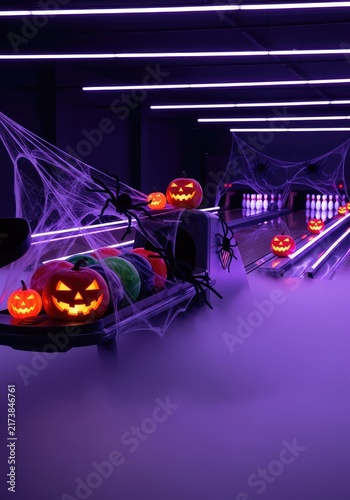 Atmospheric bowling alley decorated for Halloween with eerie neon purple lighting, thick fog, spider webs, and glowing carved pumpkins, haunting, celebration, neon
