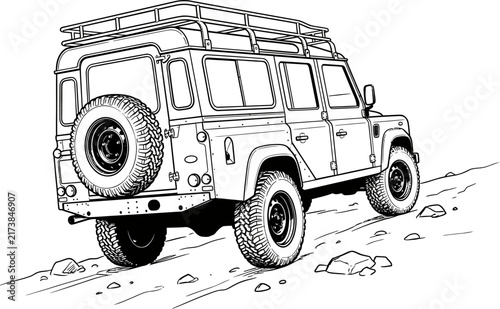 Off-road 4x4 Vehicle Driving on Rocky Terrain Line Art Illustration for Adventure and Travel Concept