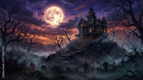 Spooky Haunted House on Hill – Halloween Night Scene with Full Moon & Graveyard
