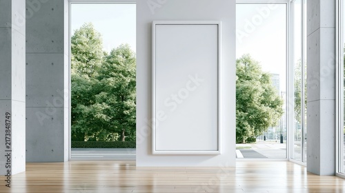 Modern gallery interior with blank white poster frame