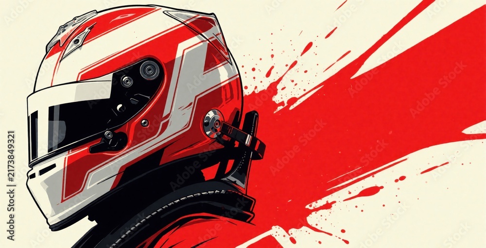 Naklejka premium Red and white racing helmet illustration with dynamic splash paint effect. Stylized graphic art shows speed and action, perfect for sport themes.