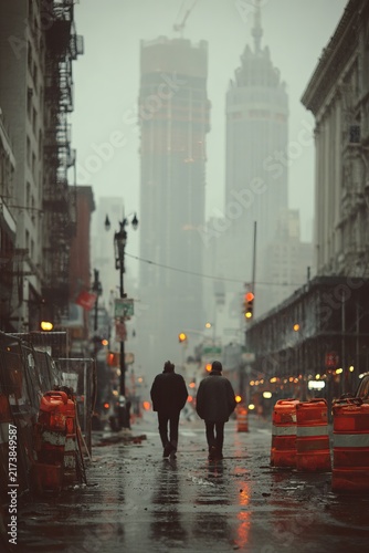 Rainy Day Stroll - Two Figures Walking in a Foggy City.