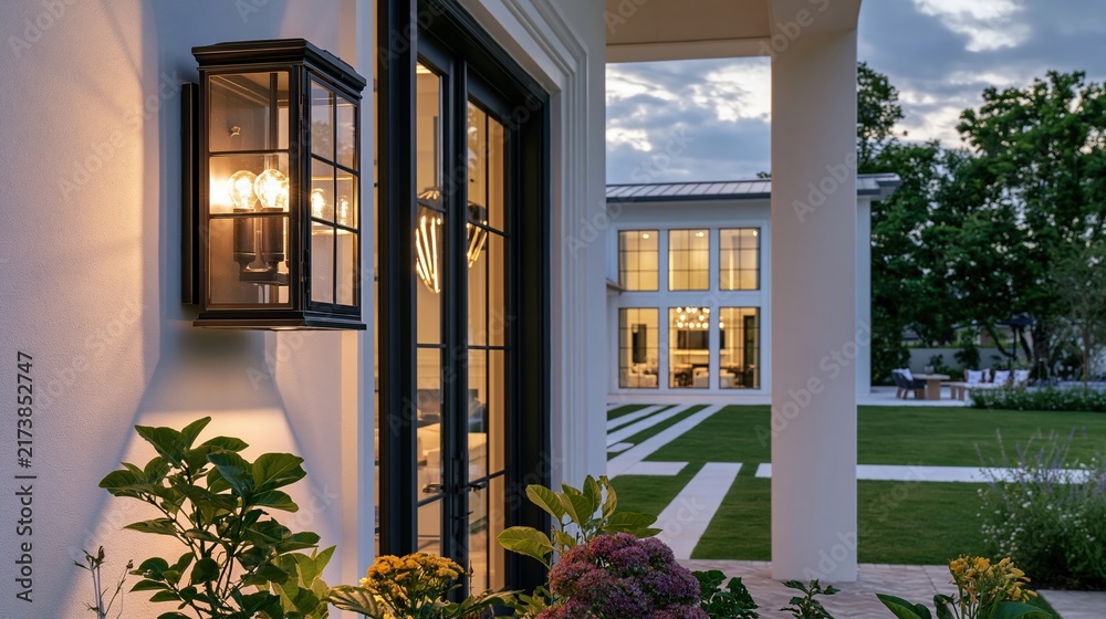Naklejka premium Modern home exterior illuminated by warm lantern light
