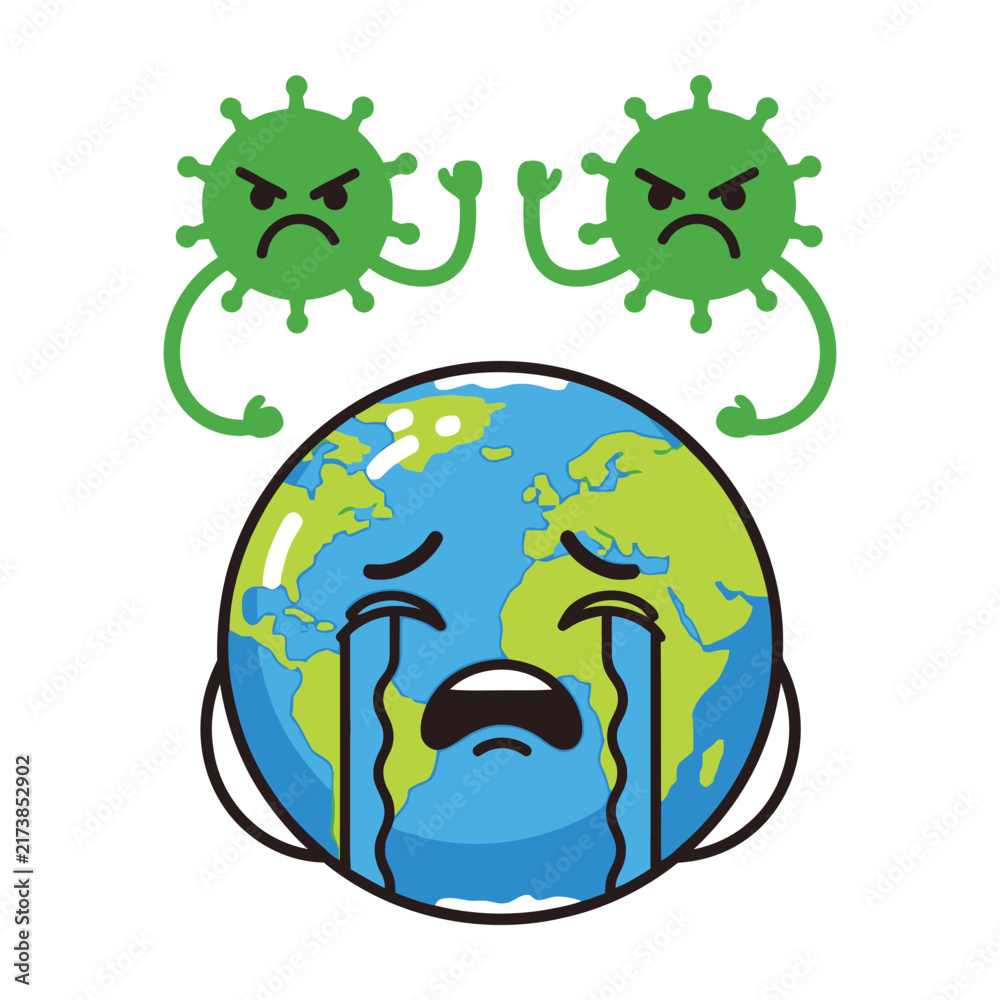 Fototapeta premium Earth crying with sad virus faces above it on white background
