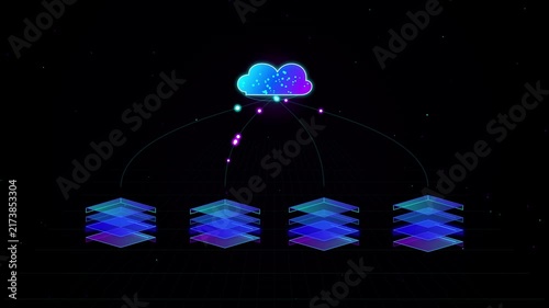 Abstract cloud network data transfer animation with glowing cloud icon connected to database servers concept