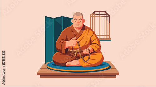 Bild auf Leinwand Monk Meditating with Prayer Beads