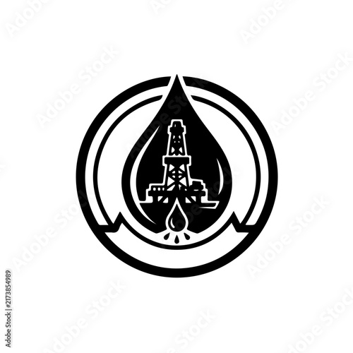 modern black and white vector emblem featuring an oil rig silhouette contained within a sleek, fluid oil drop shape, symbolizing petroleum extraction and energy production.
