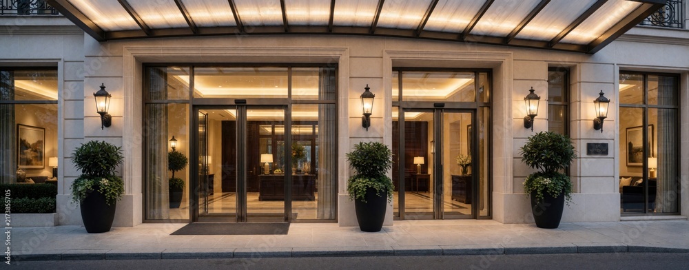 Obraz premium Modern hotel entrance with automatic glass doors and elegant lighting. Large potted plants flank the building facade. This upscale entry exudes luxury hospitality and urban design.