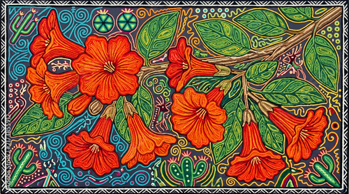 Vibrant orange trumpet flowers displayed in intricate traditional Mexican yarn art style with detailed foliage patterns