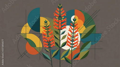 Vibrant orange floral plants depicted with geometric shapes and lines in a modern artistic style