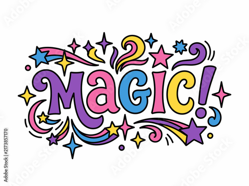 Vibrant Hand Drawn Magic Word Lettering Design with Star Sparkles
