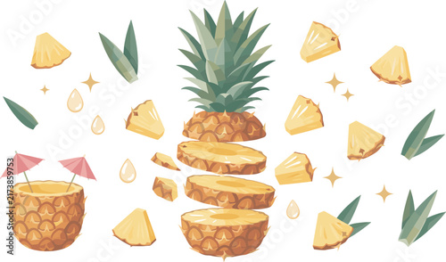 Tropical Pineapple Vector Graphic Set with Sliced Rings, Fresh Chunks, Green Leaves, Summer Cocktail with Umbrella, and Golden Sparkle Design Elements
