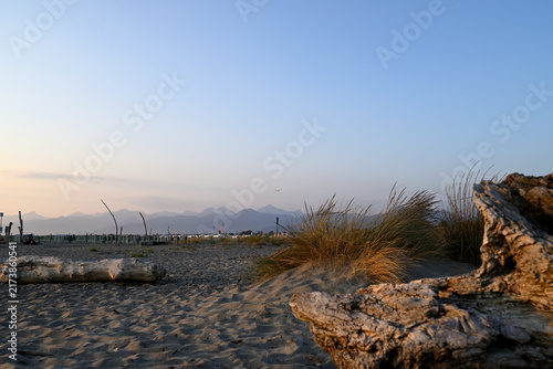 People enjoying sundown at tuscany beach. Togetherness at italian beach. Marina di Torre del LAgo, Tuscany, Italy, Europe.