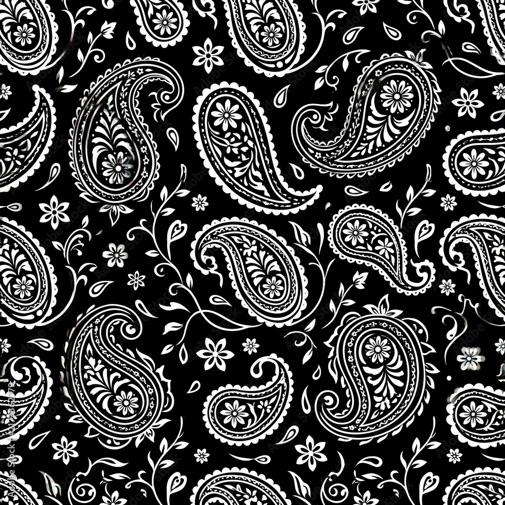 Black and white bandana pattern featuring repeating paisley, delicate floral vines, and seamless elements