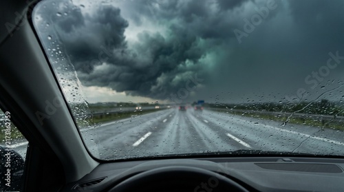 Car windshield view driving on wet highway during severe rain storm