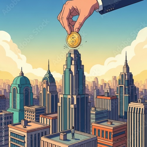 Investment in the City - A Hand Placing a Coin on a Skyscraper.
