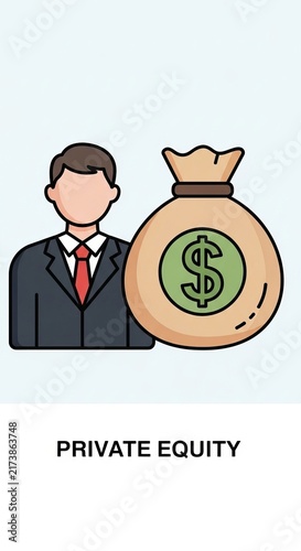 Private Equity Illustration - Businessman with Money Bag Symbolizing Investment.