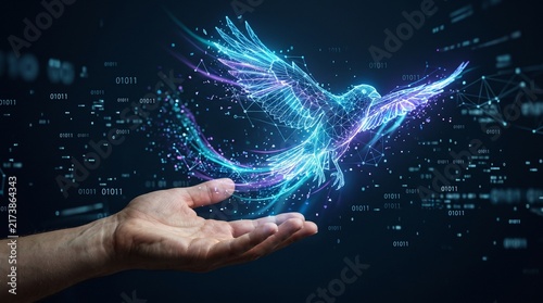 Digital innovation concept with glowing holographic bird representing creativity, transformation and future technology solutions