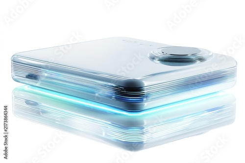 Futuristic transparent portable electronic device with blue glow