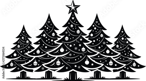 Christmas Tree Collection Vector Festive Evergreen Trees with Ornaments and Star Decoration.