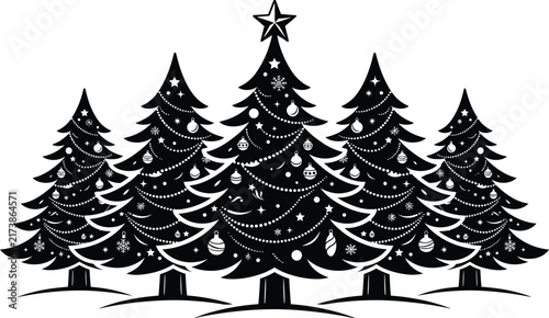 Christmas Tree Collection Vector Festive Evergreen Trees with Ornaments and Star Decoration.