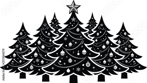 Cute Cartoon Christmas Tree Vector Icon Set Featuring Snowy Pines, Pastel Pink Fir, Geometric Evergreens, and Festive Holiday Ornament Bauble Layouts