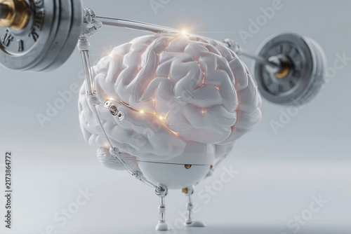 Robot brain lifting barbell mental strength cyber concept