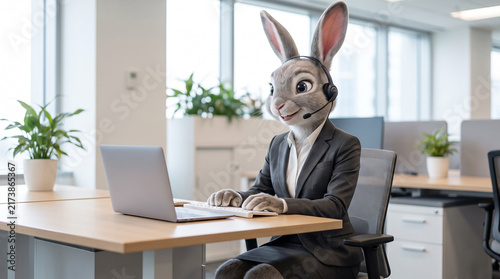 Anthropomorphic rabbit businesswoman working at office desk with laptop. Funny fictional bunny character in blazer typing at modern workplace. Business concept. Banner with copy space.