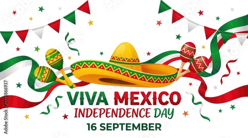 Viva Mexico Independence Day 16 September banner with sombrero hat maracas and confetti