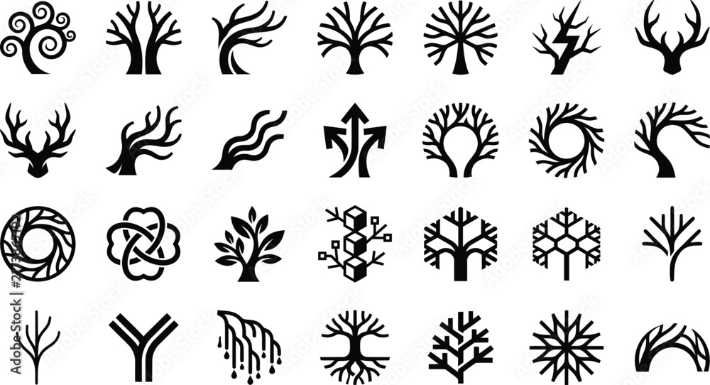 Fototapeta premium Bare Tree Silhouette Vector Set Hand Drawn Leafless Branch and Winter Tree Collection.