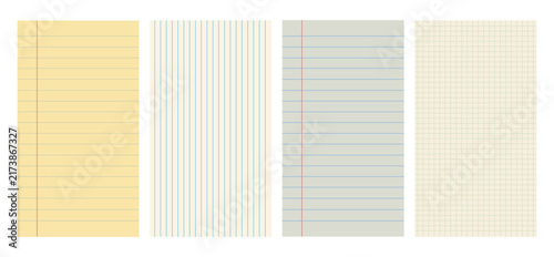 Lined notebook paper sheet collection with yellow legal pad graph paper and vertical lined page vector